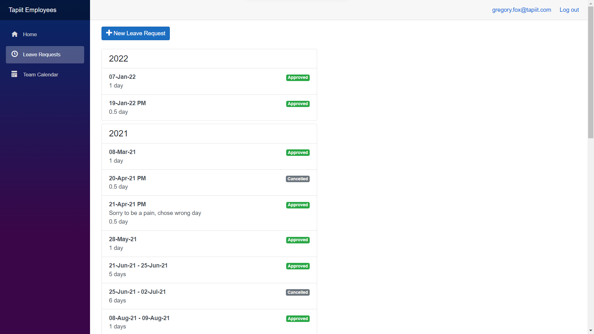 Tapiit application leave requests screen